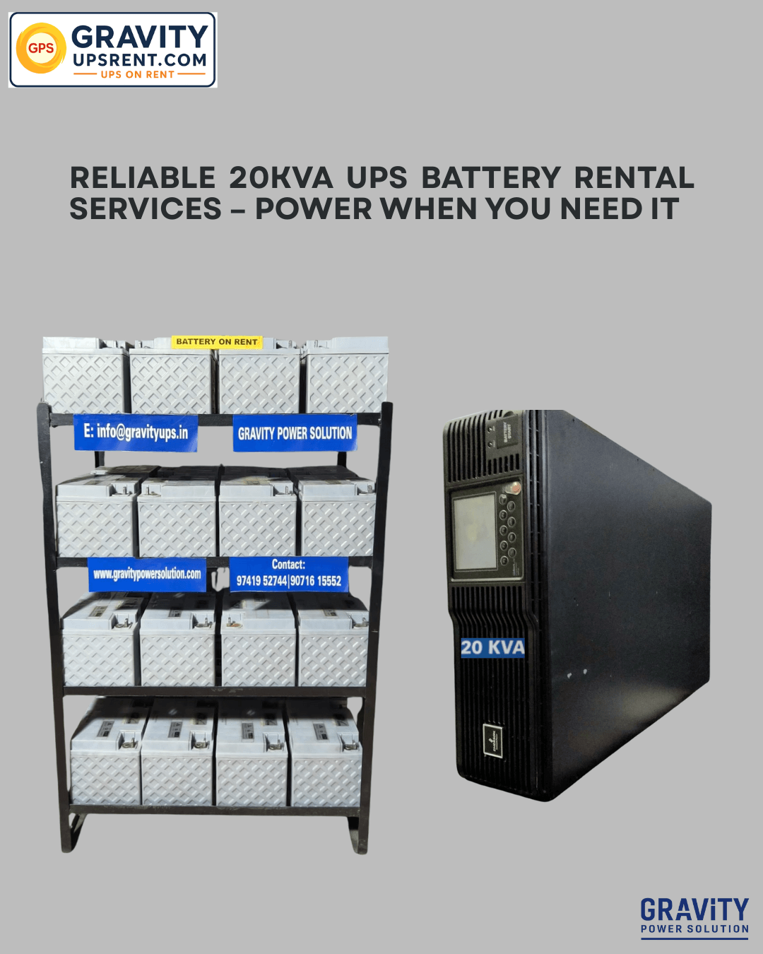 Reliable 20 KVA UPS battery rack rental service in Bangalore by Gravity Power Solution – ideal for server rooms, data centers, and industrial backup power.