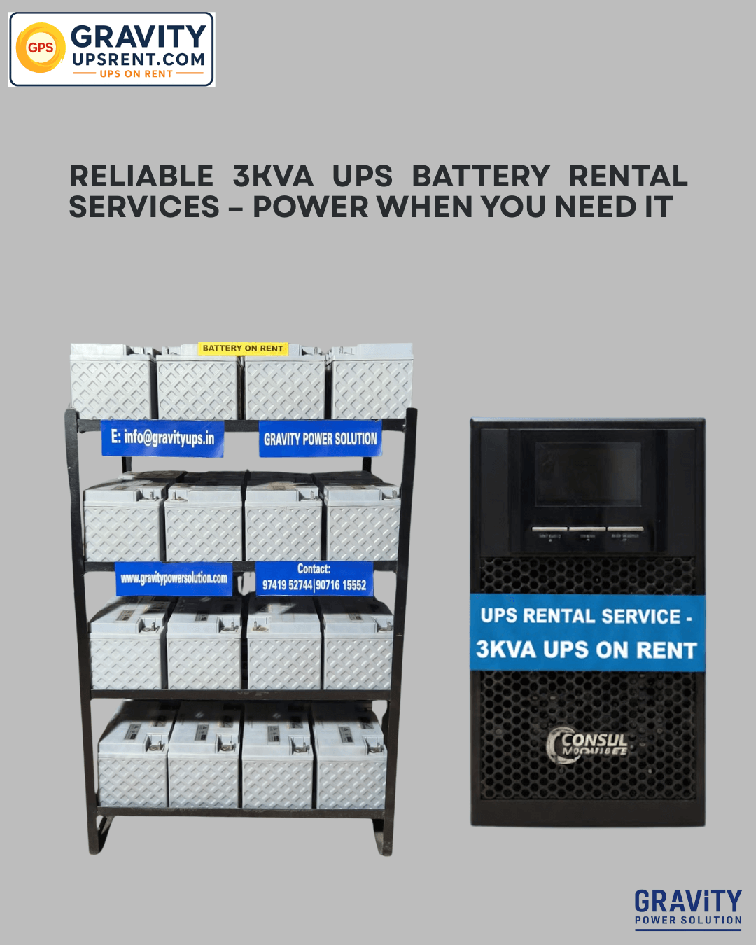 Reliable 3kVA UPS battery rental service in Bangalore by Gravity Power Solutions – providing backup power for small offices, clinics, and retail spaces during outages.