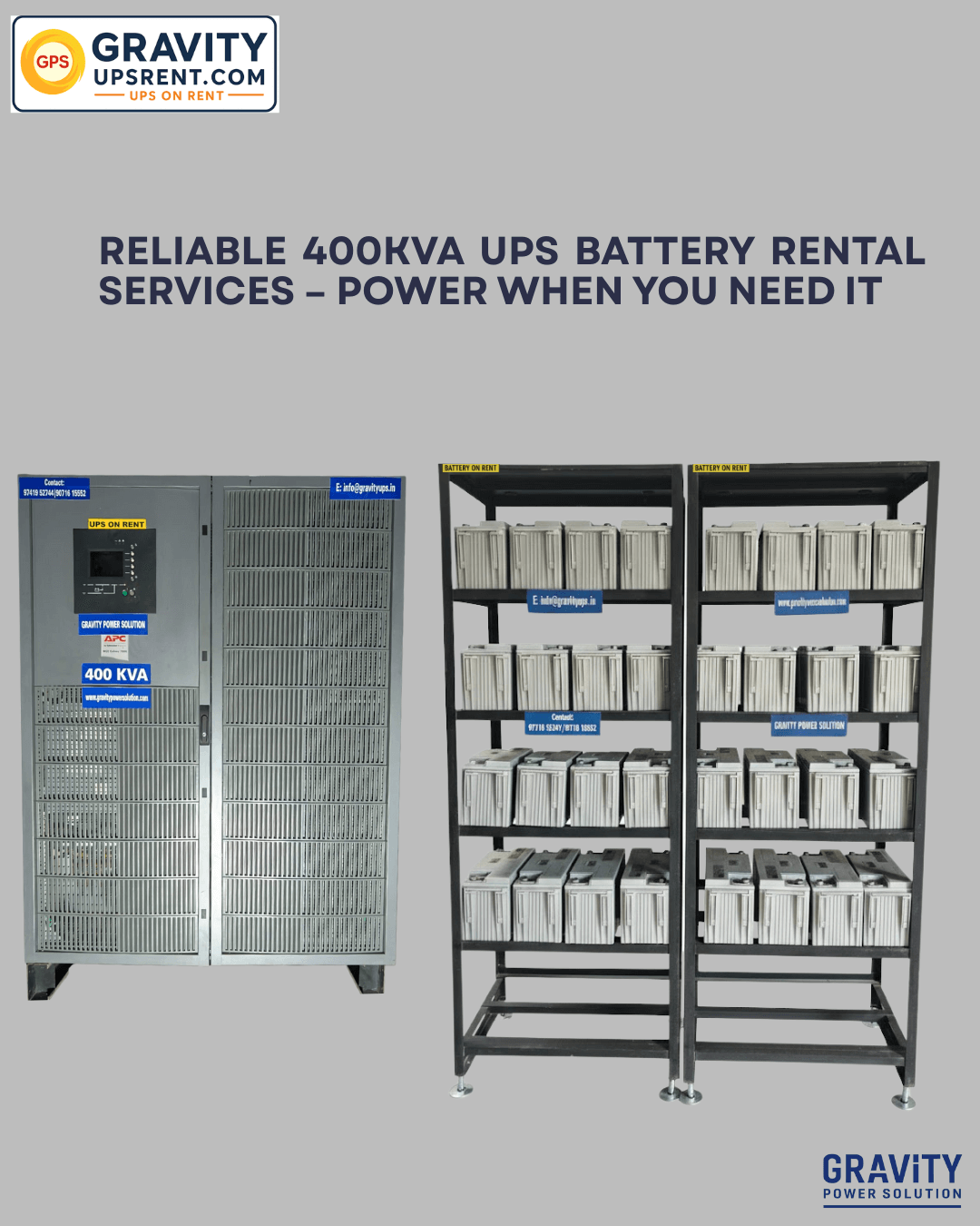 Reliable 400kVA UPS battery rental service in Bangalore by Gravity Power Solutions – providing industrial-grade power backup for data centers, hospitals, and manufacturing facilities.