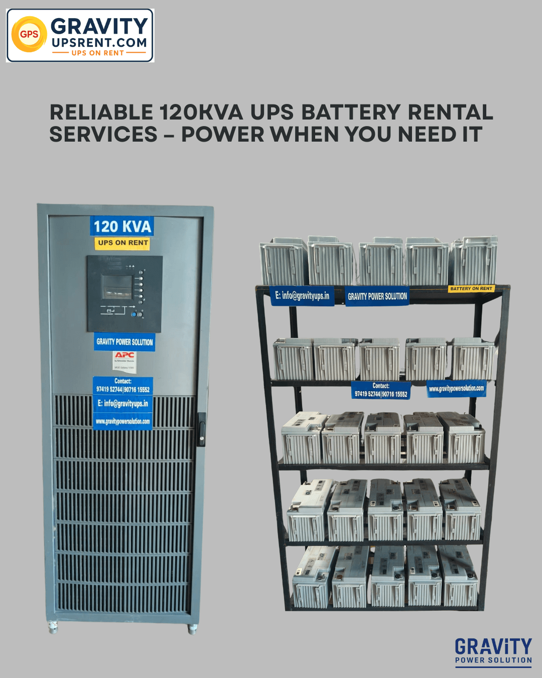 Industrial 120kVA UPS battery rental service in Bangalore by Gravity Power Solutions – providing reliable power backup for factories, data centers, and large corporate facilities.